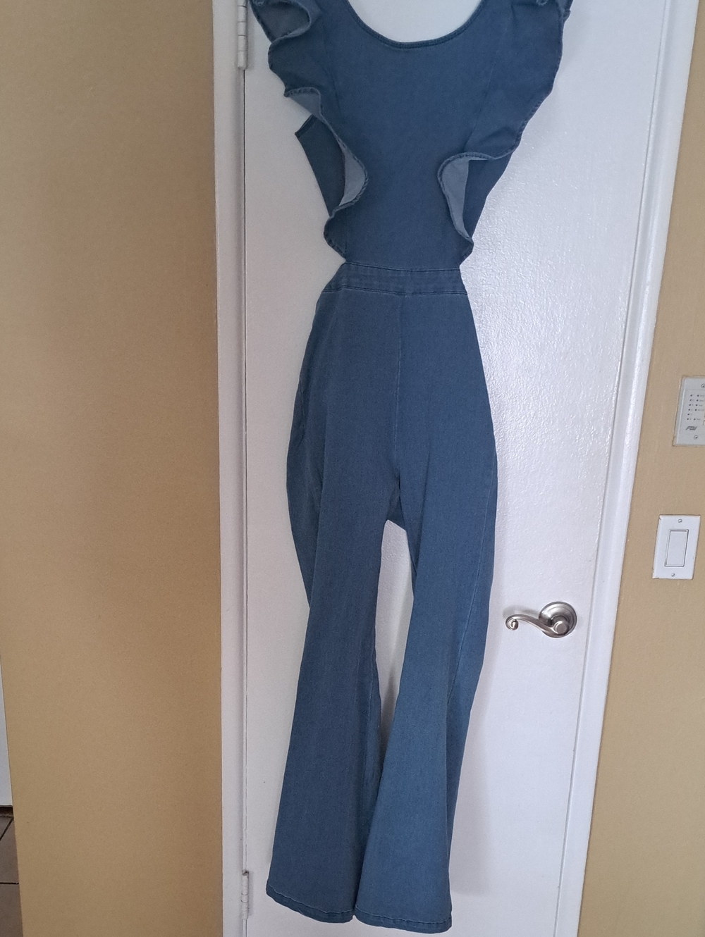 Flying Tomato Blue Denim Ruffle-Shoulder Jumpsuit